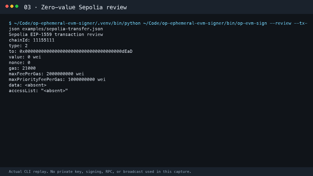Sepolia zero-value transaction review output